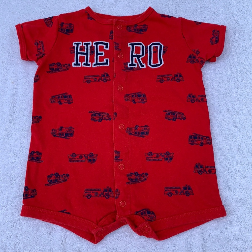 Carters “Hero” red/ blue firetruck onesie 6 mths